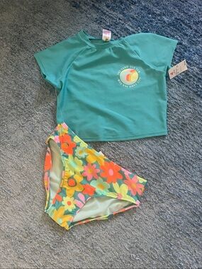 Cat & Jack Teal Rash Guard Top with Floral Multicolor Bikini Bottoms